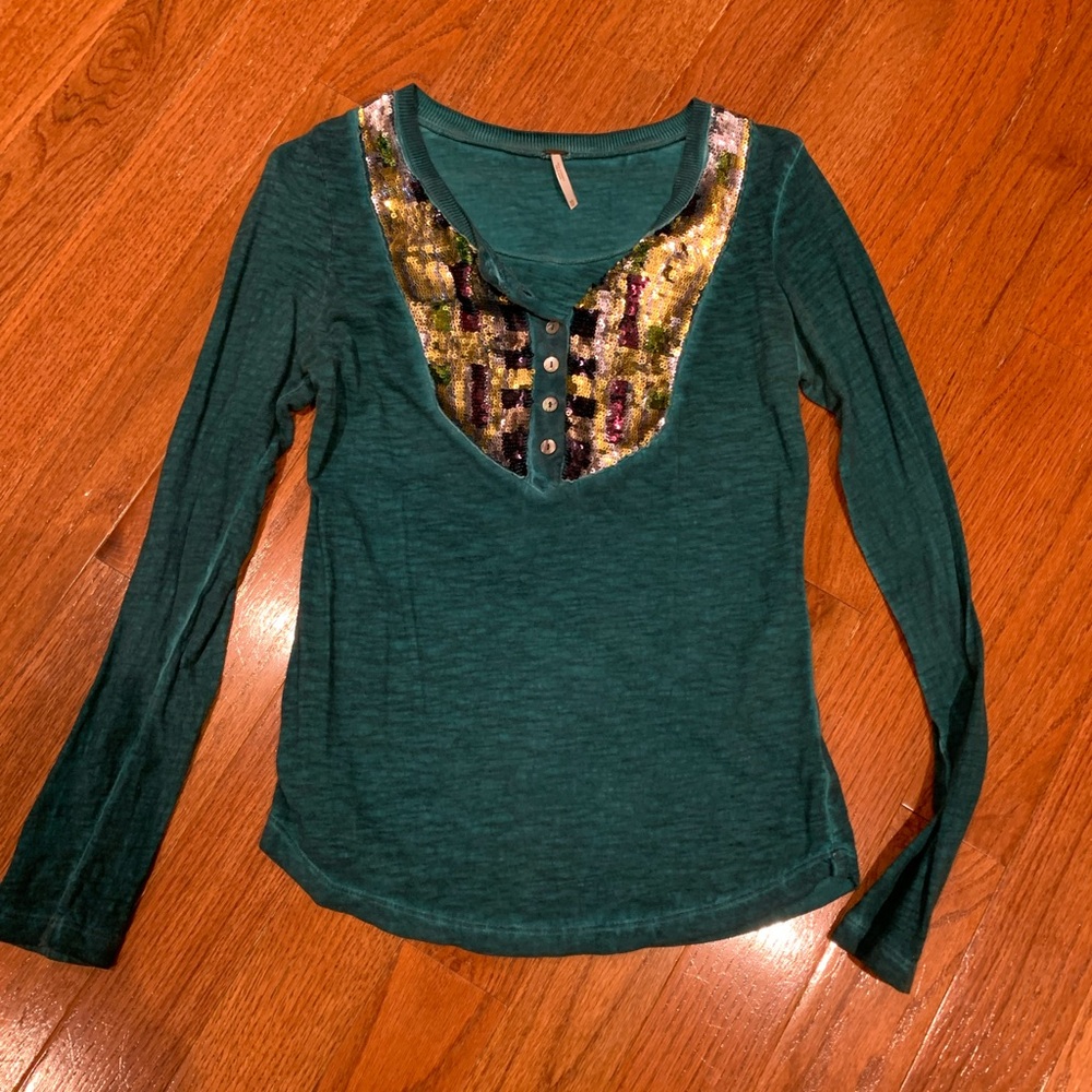 Free People Deep Green Sequinned Henley
